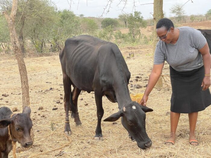 Jane Maweu står med famljens kor.