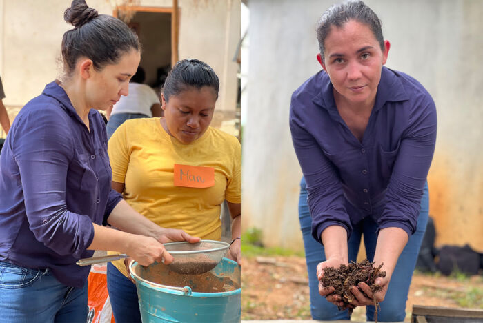 Miriam Cruz och Maru Lipton har blivit utbildade inom vermikultur. Här visar de den förädlade jorden. Foto: Edward Rodwell Arrazola.